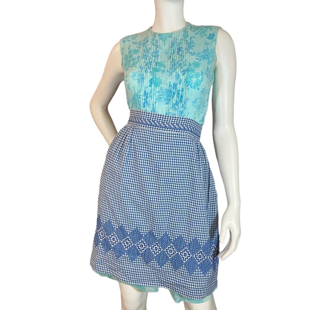 1950s Blue Cotton Half Apron Cross Stitch Cottagecore Vintage